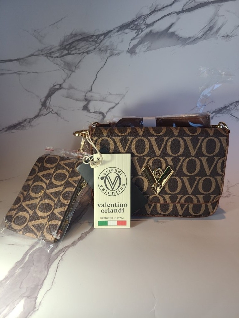 Valentino Orlandi Brown Monogram Crossbody with Gold V Accent